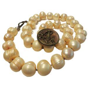 Freshwater Pearl 19" Necklace w/ Rare Button Clasp Vintage Cream Peacock  JHE27